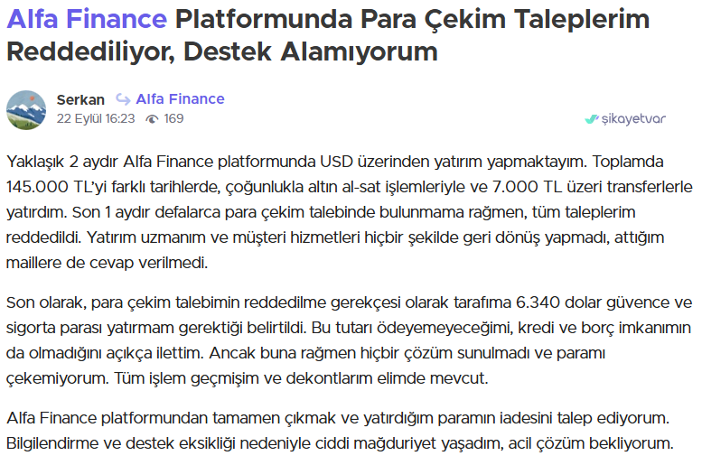 alfa finance şikayet
