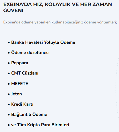 exbina ödeme yöntemleri