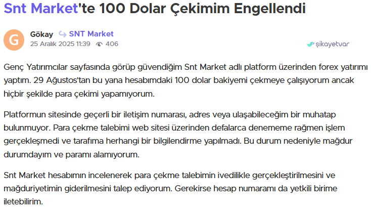 snt markets şikayet