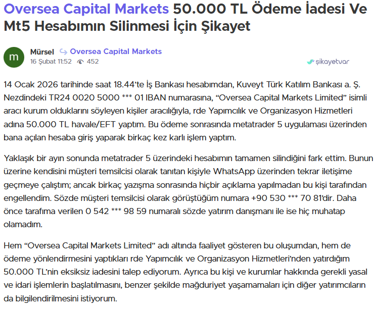 oversea capital markets şikayet